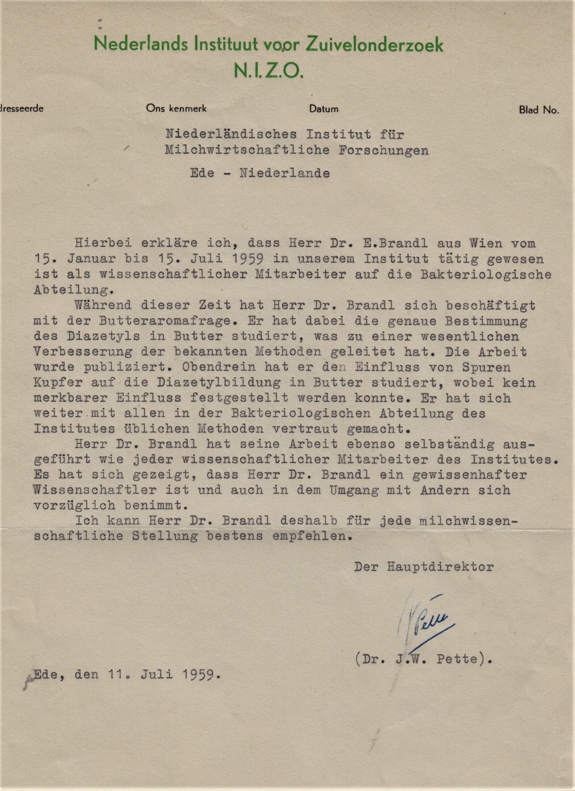 Zeugnis über Tätigkeit an NIZO (2)